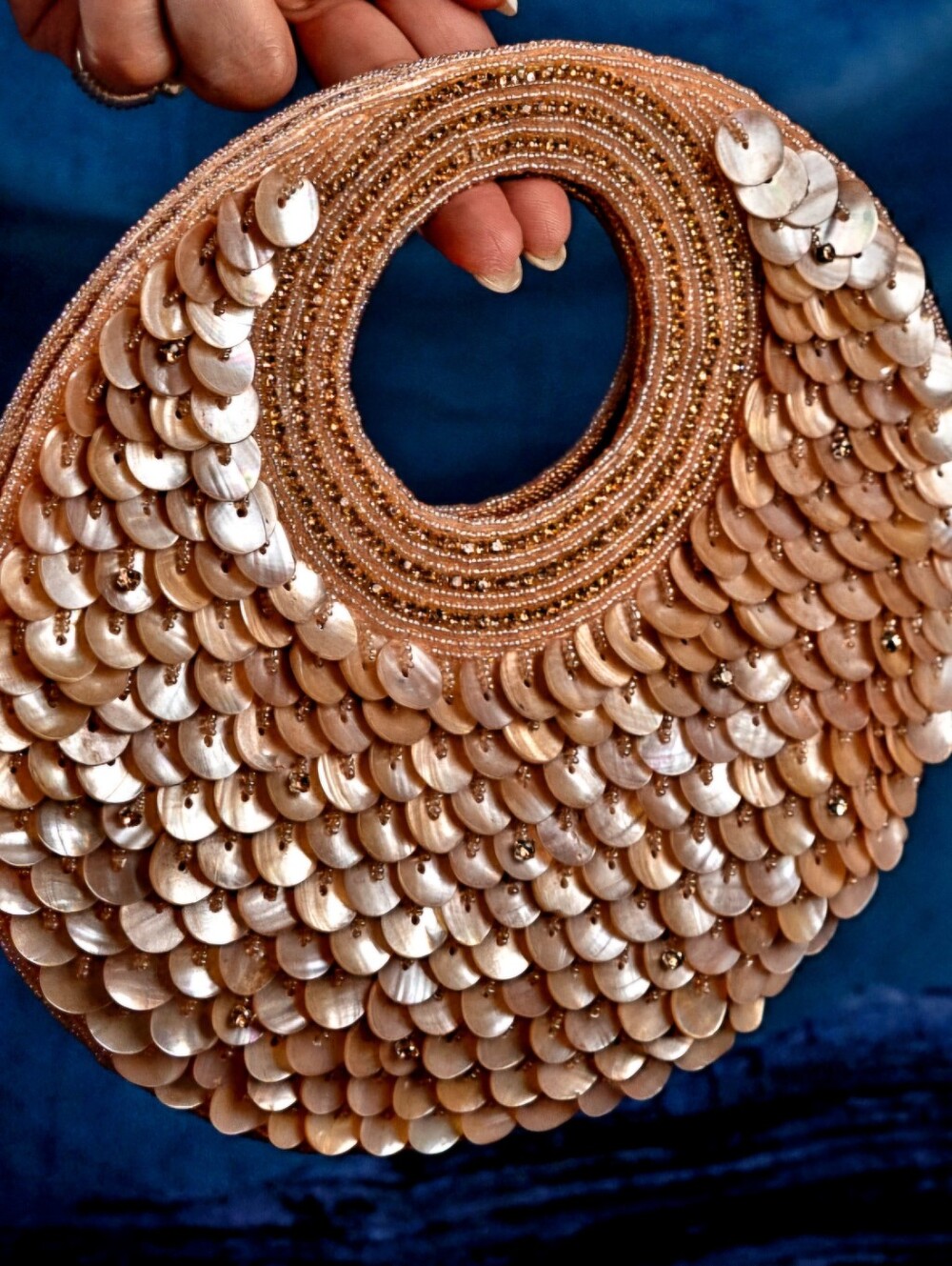 Beaded Disc Tote Bag in Rose Gold